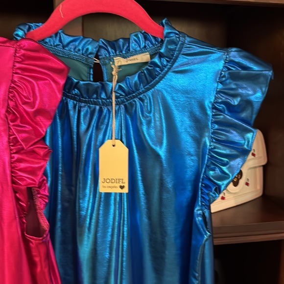 JODIFL Metallic Ruffle Dresses in Pink and Blue - Picture 4 of 8